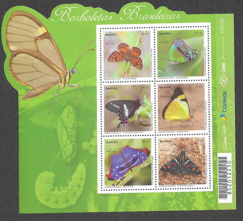 Bloco Borboletas brasileiras - 2016, composto por 6 selos.